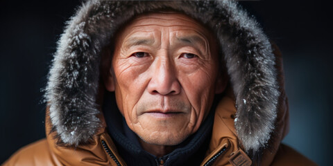 Asian senior man in winter attire, with beanie and jacket.