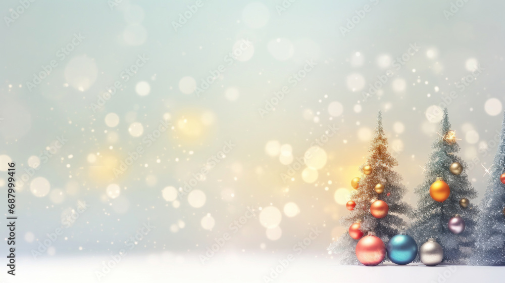 Poster christmas background with christmas tree, snow and bokeh.