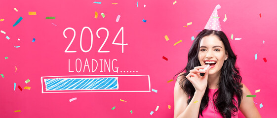 Loading new year 2024 with young woman with party theme on a pink background