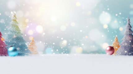 Christmas background with Christmas tree, snow and snowflakes