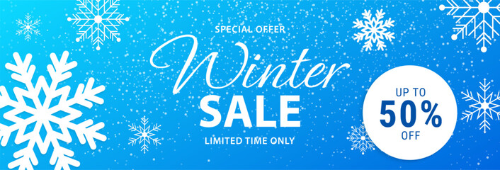 Winter sale banner. Blue background with snowflakes for shopping sale, special offer. Promo banner, shopping website template. Vector illustration