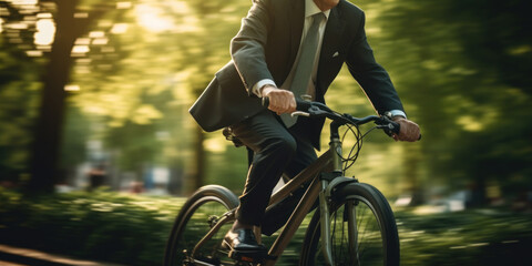 Man on bike in city, casual attire, bustling urban scene.