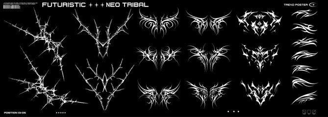 Futuristic Neo Tribal Tattoos: A Modern Take on Ancient Symbols in Striking Black and White. Succubus Y2K womb tattoo. Demon heart sigil and butterfly with in neo tribal style. Vector illustration