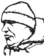 A stern, brutal man in a knitted hat and jacket. Black and white drawing of a worker in comic style