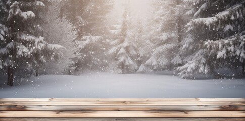 Empty old wooden table on the snowy forest background bokeh Made with generative AI	