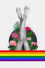 Creative vertical collage poster young woman legs rainbow flag blossom flowers black white freedom