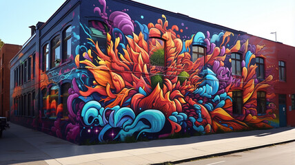 Vibrant colors come alive in this street art mural, expressing the artists creativity through a mix of text and graffiti.