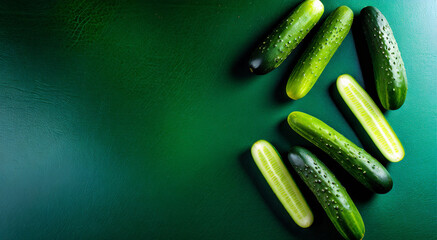 Top view of a green tabletop with juicy green gherkins on the right side of the picture