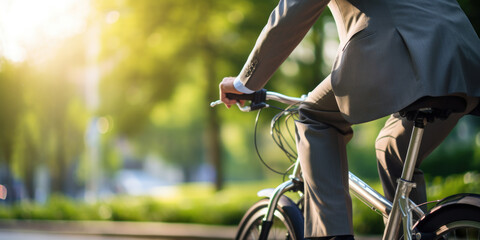 Smartly dressed man on bicycle, vibrant outdoors, sunny weather.