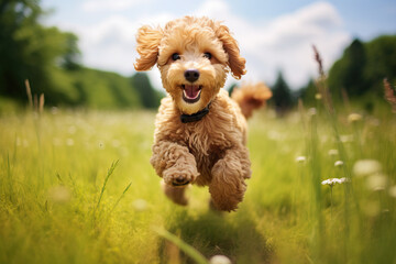 Cute little poodle dog running on grass field on sunny day - obrazy, fototapety, plakaty