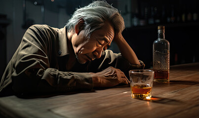 Asian senior in solitude, savoring whiskey, dimly lit ambiance.