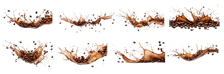 Collection of PNG. Coffee splash with coffee beans isolated on a transparent background.