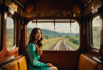 レトロでクラシックな電車に乗っている髪の長い女性