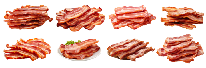 Collection of PNG. Cooked bacon rashers isolated on a transparent background.