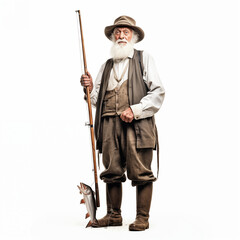 Full length portrait of a fisherman in a uniform and rubber boots isolated on white