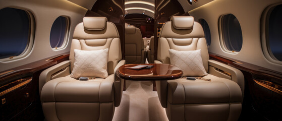 Opulent private jet interior, sleek table, elegant chairs.