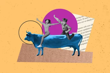 Fotobehang Photo cartoon comics collage picture of two funky kids riding roder bullfight extreme entertainment isolated on yellow color background © deagreez