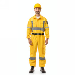 Full length portrait of a construction worker with helmet, wearing a uniform isolated on white background