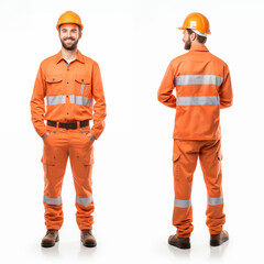 Full length portrait of a construction worker with helmet, wearing a uniform isolated on white background - obrazy, fototapety, plakaty