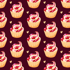 Cupcakes cute seamless pattern in cartoon style. Vector illustration background with cakes and hearts.