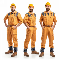 Fototapeta premium Full length portrait of a construction worker with helmet, wearing a uniform isolated on white background