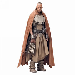 A gamer in special gaming clothes, armed with a weapon in the game, isolated on a white.