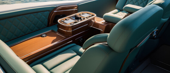 Luxury boat interior at sunset, ambient lighting.