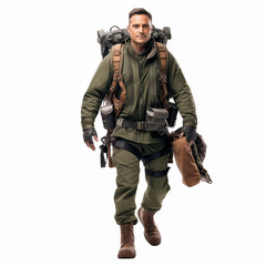 Fototapeta premium Full body of stylish military male aviator in uniform standing on white background isolated
