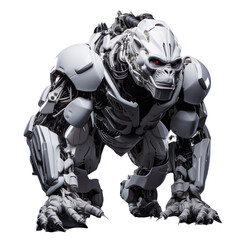 angled view of white robotic animal Gorilla isolated on a white transparent background 