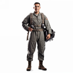 Fototapeta premium Full body of stylish military male aviator in uniform standing on white background isolated