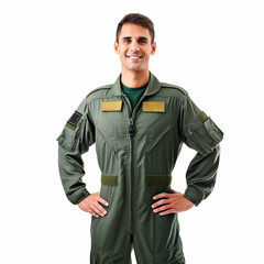 Half body of stylish military male aviator in uniform standing on white background isolated