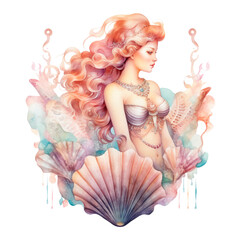 Watercolor beautiful mermaid design isolated on a white background. Fairytale illustration. Mythical creature.