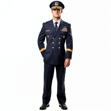 Full body of stylish male aviator in uniform standing on white background isolated