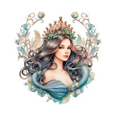 Watercolor mermaid with curly hair and a crown. Isolated illustration. - 688003204