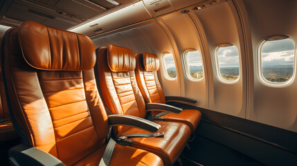 Empty Aircraft Seats Beneath the Glistening Light of Porthole Windows