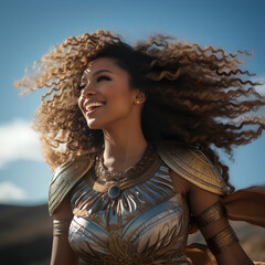 Une femme de 35 ans, les cheveux au vent devant un ciel bleu, portant un bouclier et marchant d'un pas assuré. On voit tout son corps, son style vestimentaire est décontracté et