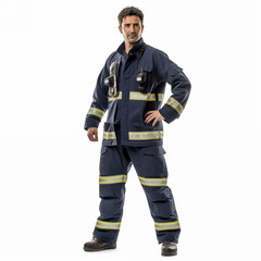 Fototapeta premium Firefighter isolated on white background. The full body of a smiling caucasian man in a fireproof uniform.