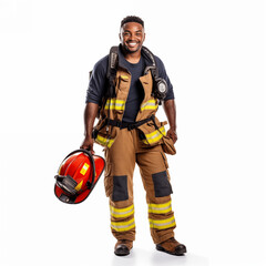 Firefighter isolated on white background. The full body of a smiling African American man in a fireproof uniform.