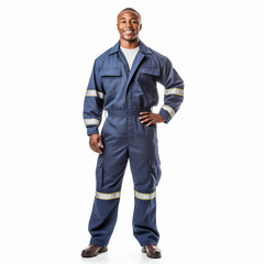 Firefighter isolated on white background. The full body of a smiling African American man in a fireproof uniform.