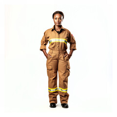 Fototapeta premium Firefighter isolated on white background. The full body of a smiling African American woman in a fireproof uniform.