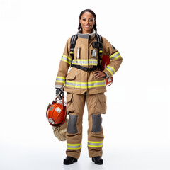 Firefighter isolated on white background. The full body of a smiling African American woman in a fireproof uniform.