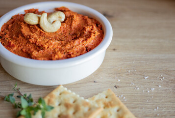Vegan sausage dip, spanish sobrasada made of cashew nuts and sun-dried tomatoes. Vegan food concept.