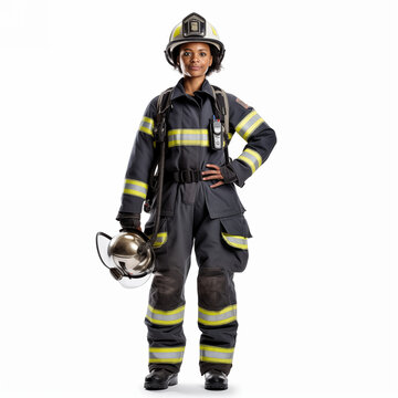 Firefighter isolated on white background. The full body of a smiling African American woman in a fireproof uniform.