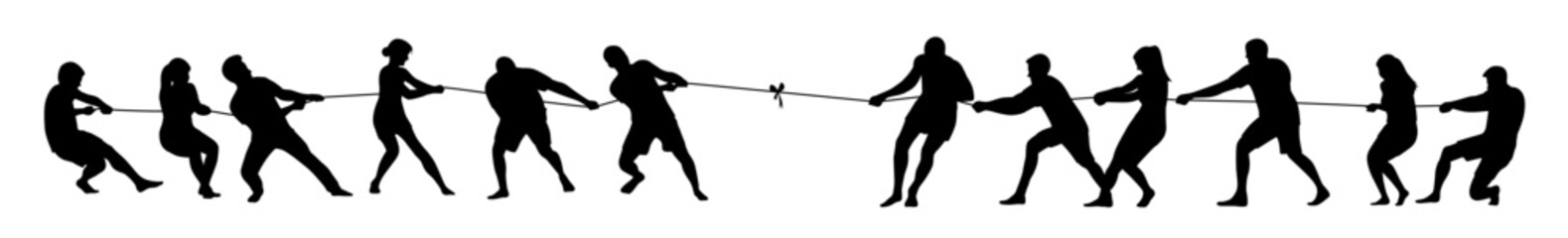 Man and woman pulling a rope in tug of war silhouette, concept of compete, teamwork, Teams Playing Tug Of War - obrazy, fototapety, plakaty