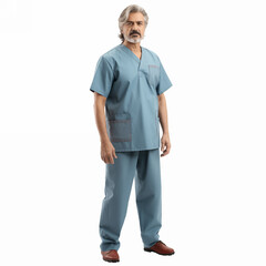 Portrait of caucasian male doctor full length looking at camera isolated on white