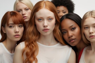 Obraz premium A diverse group of beautiful attractive multi ethnic women of different races, fashion models with natural beauty and smooth skin looking at the camera on a white background.