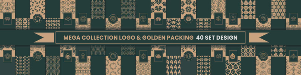 Collection of design elements,labels,icon,frames, for logo,packaging,design of luxury products.for perfume,soap,wine, lotion.Made with Isolated on dark and gold background.vector illustration - obrazy, fototapety, plakaty
