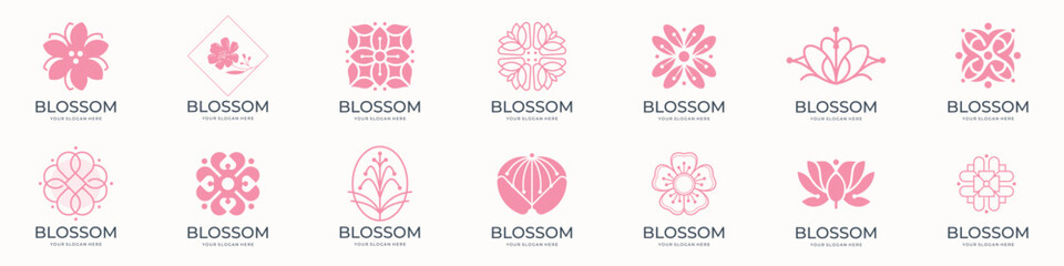 Floral blossom logo and icon set. Abstract beauty flower logo design collection. Pink flowers on white background © ulhaq_std