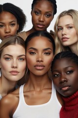 Obraz premium Close-up of a portert Multi-ethnic group of young beautiful brunette, blonde, red-haired women with radiant skin and natural beauty looking at the camera on a white background.