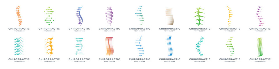 set of abstract spine chiropractic logo. massage, back pain, spine symbol osteopathy. icon set logotype. - obrazy, fototapety, plakaty